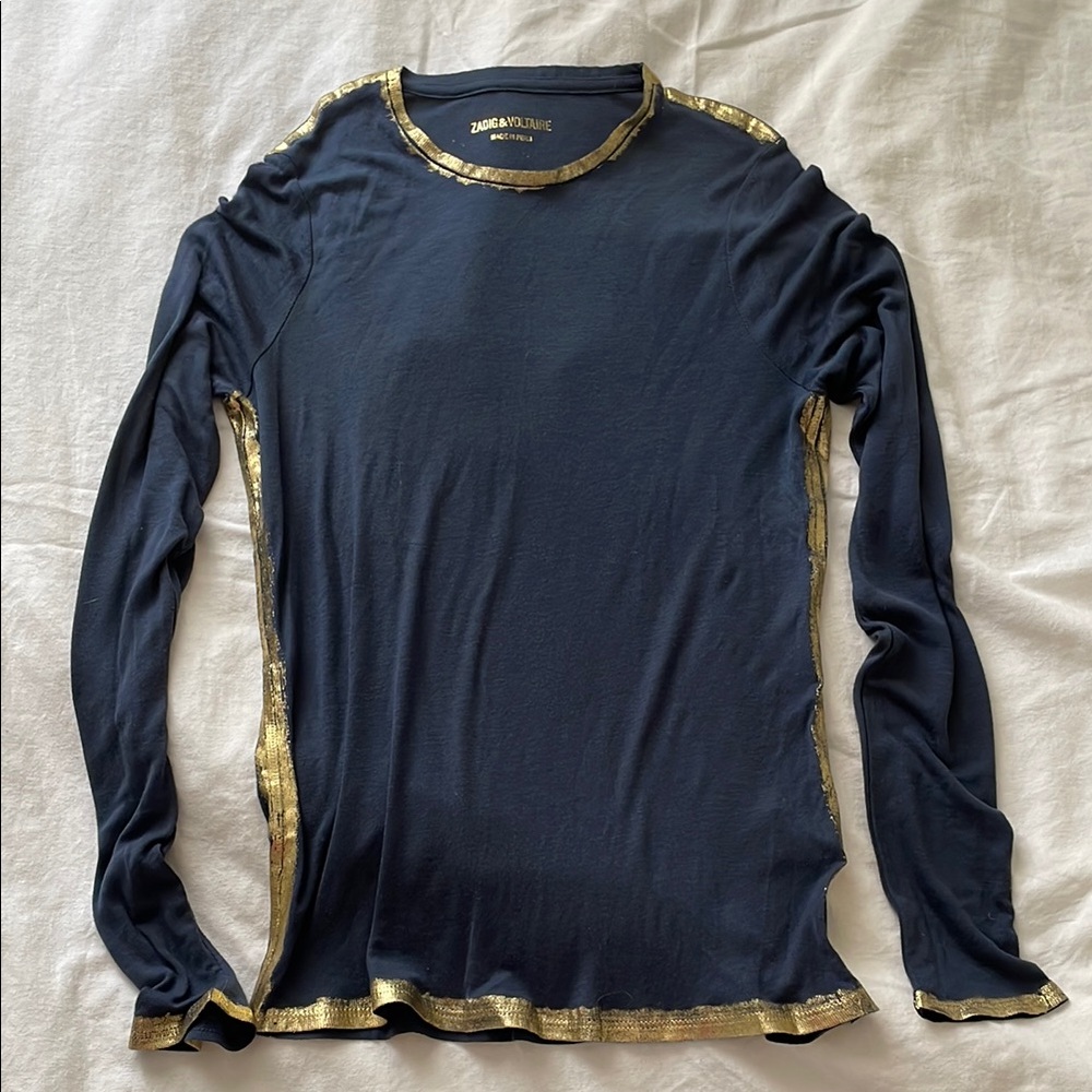 Zadig & Voltaire Willy Gold Foil Navy Long Sleeve T-Shirt Medium NWOT